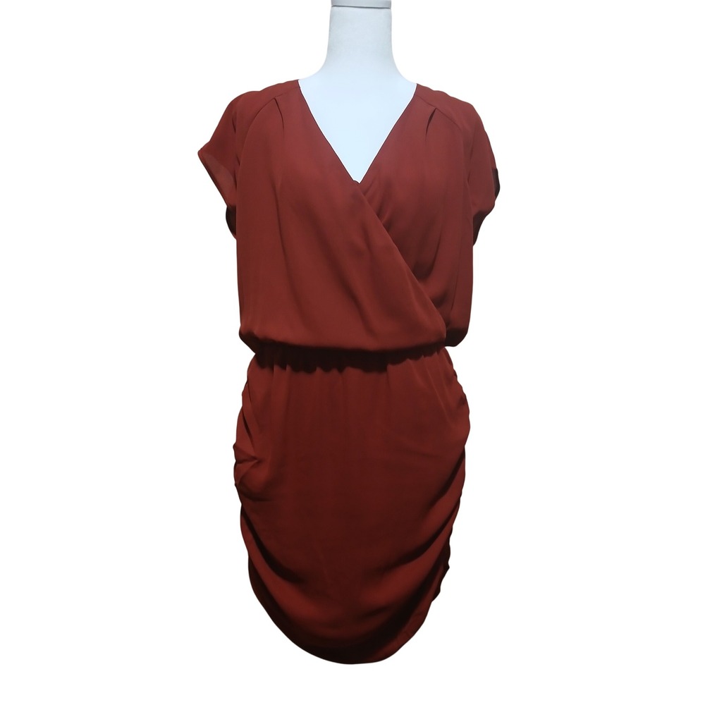 Krisa Rust Red Ruched Surplice V-Neck Mini Dress K-1930MW Made in USA Mens S
